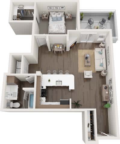 A top-down view of a small apartment with a bedroom, living room, kitchen, and bathroom.