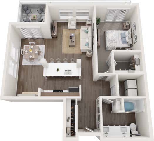 A top-down view of a small, well-organized apartment with a kitchen, living room, and bedroom.