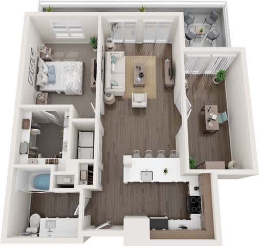 A top-down view of a small apartment with a bedroom, living room, and kitchen.