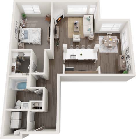 A top-down view of a modern apartment with a kitchen, living room, and bedrooms.