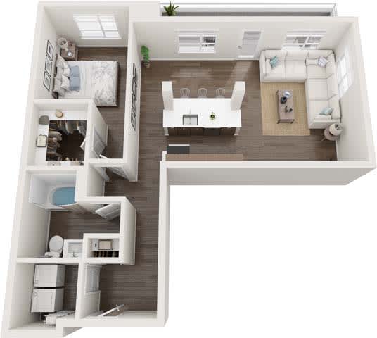 A top down view of a small apartment with a kitchen, living room, and bathroom.