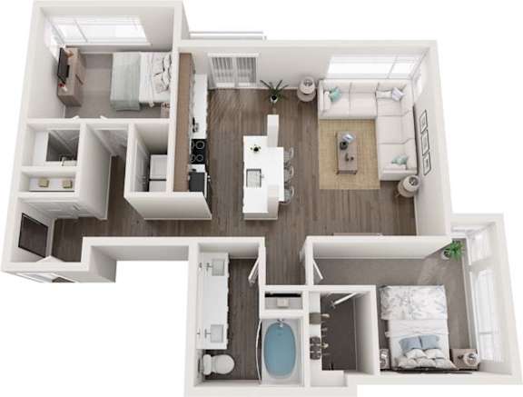 A top-down view of a small apartment with a kitchen, living room, and bathroom.
