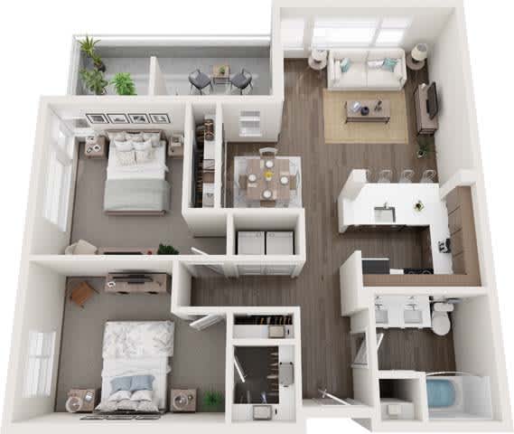 A top-down view of a small apartment with a bedroom, living room, kitchen, and bathroom.