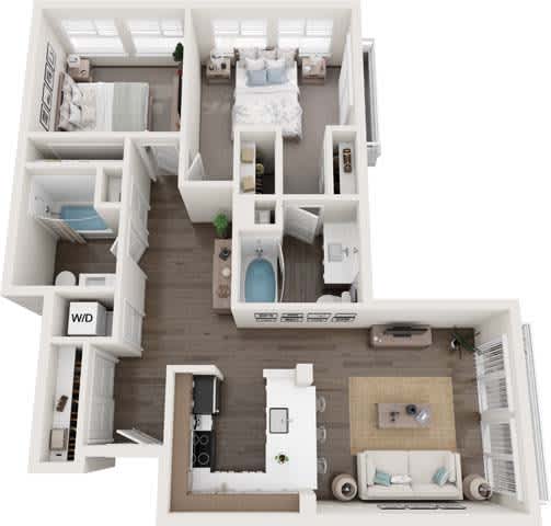 A 3D floor plan of a small apartment with a bedroom, living room, and bathroom.