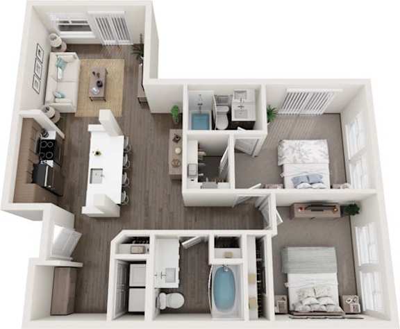 A 3D floor plan of a small apartment with a kitchen, living room, and bathroom.