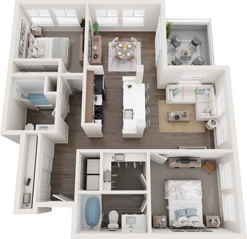 A 3D floor plan of a small apartment with two bedrooms, a living room, a kitchen, and a bathroom.