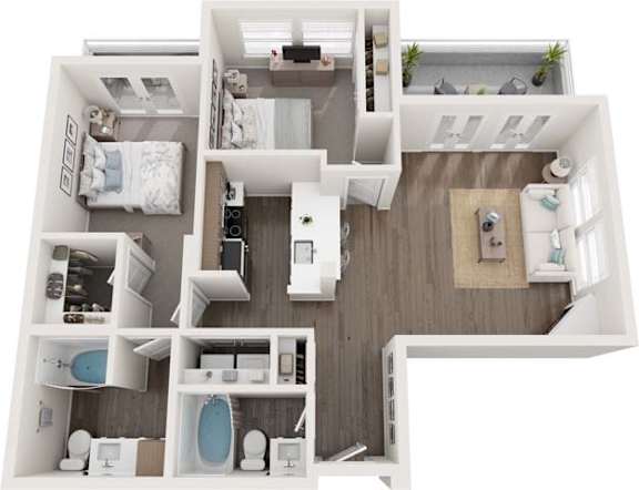 A top-down view of a small apartment with a bedroom, bathroom, kitchen, and living room.