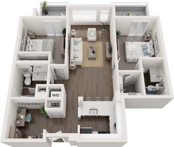 A top-down view of a small apartment layout with a kitchen, living room, and bedrooms.