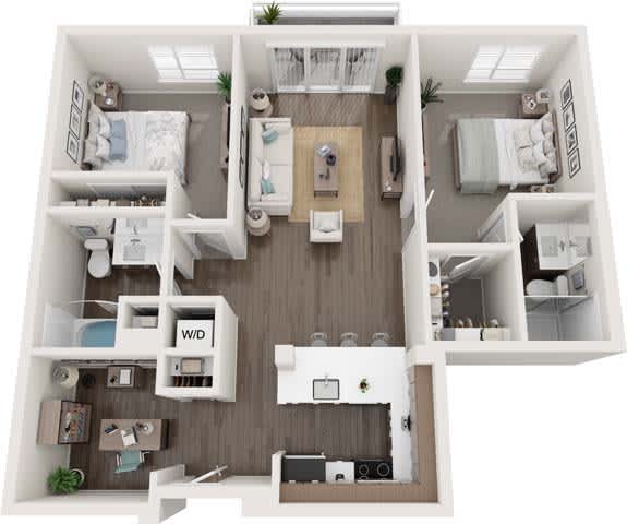 A top-down view of a small apartment with a kitchen, living room, and bedroom.