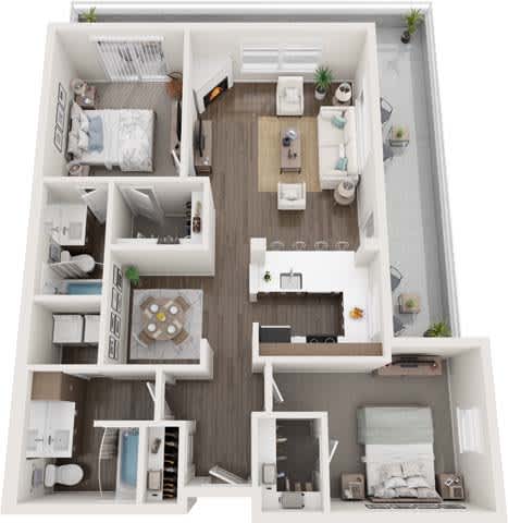 A top-down view of a small apartment with a kitchen, living room, and bedroom.