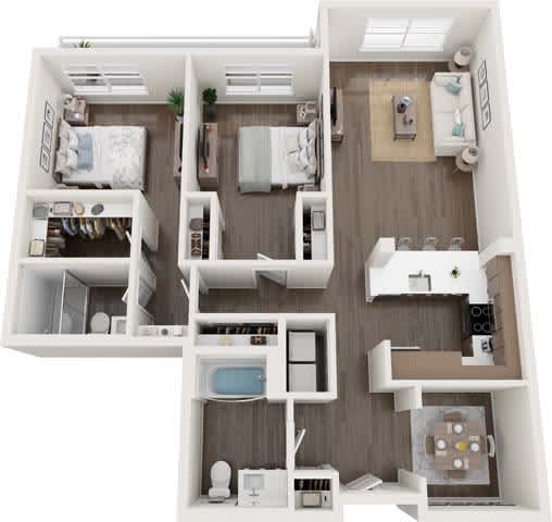 A detailed 3D floor plan of a small apartment with a kitchen, living room, and bathroom.