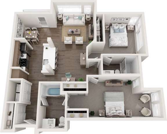 A top-down view of a small apartment with a kitchen, living room, and bedroom.