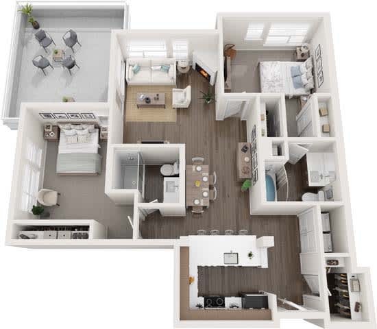 A top-down view of a house layout with a living room, kitchen, and bedrooms.