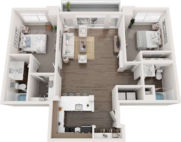 A top-down view of a small, well-organized apartment with a kitchen, living room, and bedrooms.