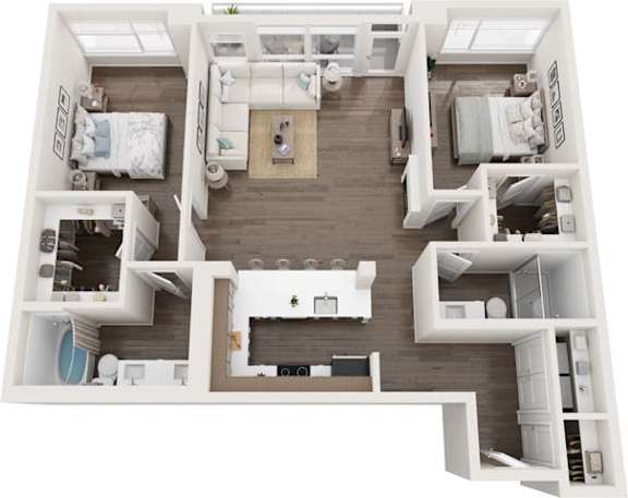 A top-down view of a modern apartment layout with a kitchen, living room, and bedrooms.
