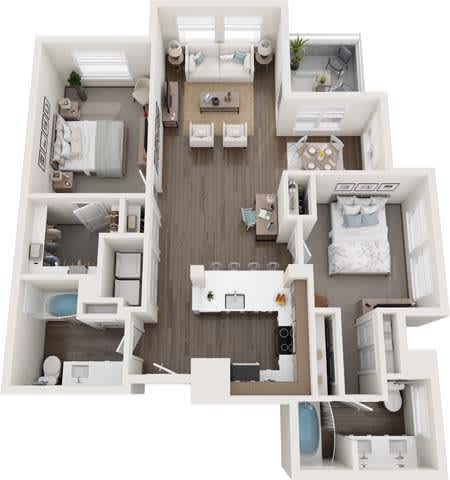 A top-down view of a small apartment with a kitchen, living room, and bedroom.