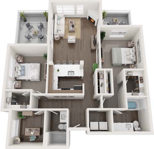 A detailed 3D floor plan of a modern apartment layout.