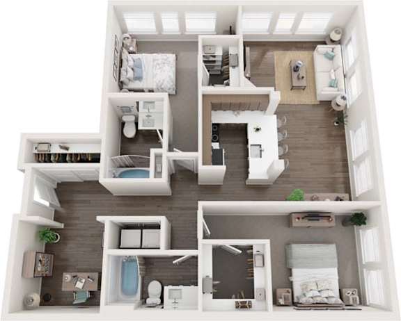 A top-down view of a modern, white-walled, multi-level home interior.