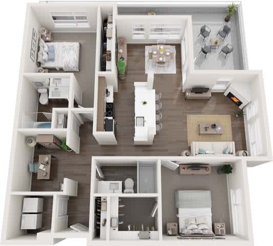 A top-down view of a small apartment with a kitchen, living room, and bedroom.