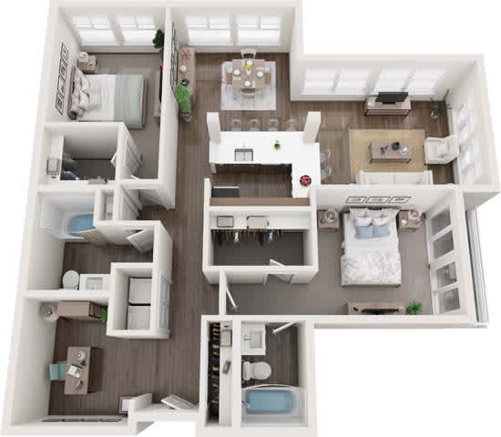 A top-down view of a small apartment with a kitchen, living room, and bedroom.