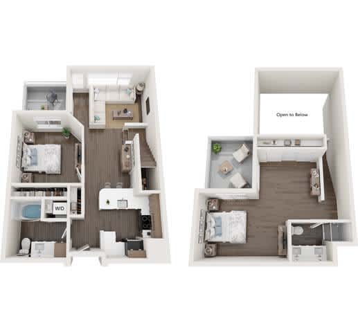 A diagram shows two different layouts of a small apartment.