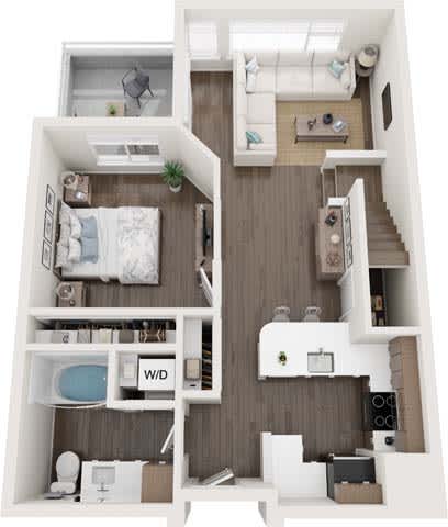 A top-down view of a small apartment with a bedroom, living room, and kitchen.