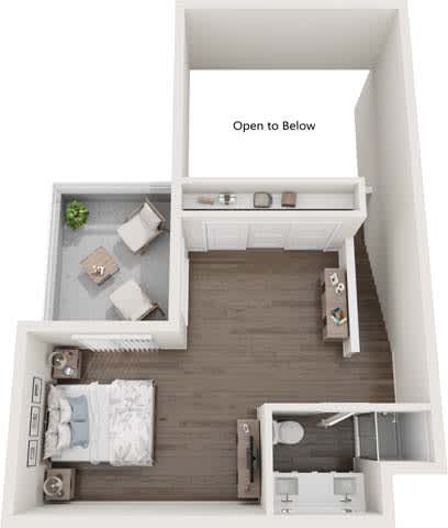 A top down view of a small apartment with a bedroom, living room and kitchen.