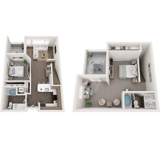 Two images of a dollhouse apartment with a kitchen and living room.