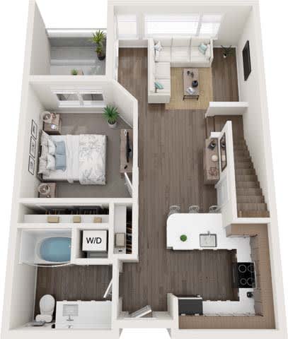 A top-down view of a small apartment with a bedroom, living room, and kitchen.