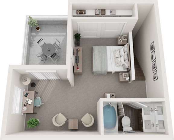 A top-down view of a small apartment with a kitchen, living room, and bathroom.