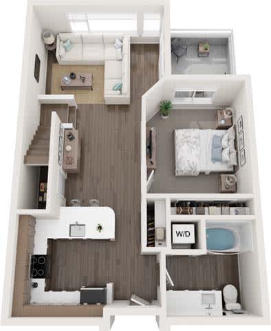 A floor plan of a small apartment with a living room, kitchen, and two bedrooms.