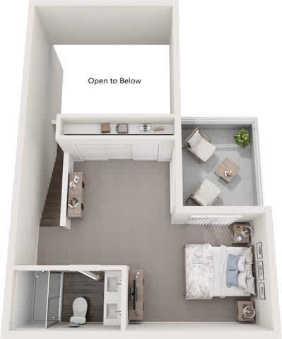 A diagram of a small apartment with a bedroom, bathroom, and kitchen.