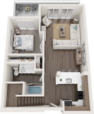 A top-down view of a small apartment with a kitchen, living room, and bathroom.