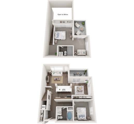 A diagram of a two-bedroom apartment with a kitchen and living room.