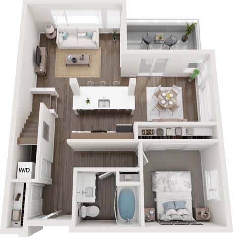 A 3D floor plan of a small apartment with a bedroom, living room, and bathroom.