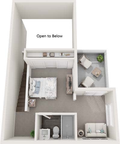 A diagram of a small apartment with a bedroom, living room, and bathroom.