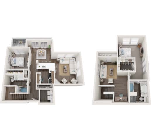 Two floor plans of a house with a kitchen, living room, and bathroom.