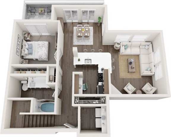 A top-down view of a small apartment with a kitchen, living room, and bedroom.
