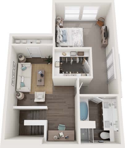 A top-down view of a small apartment with a bedroom, living room, kitchen, and bathroom.