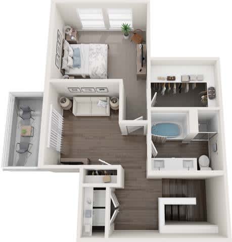 A 3D floor plan of a small apartment with a bedroom, living room, kitchen, and bathroom.