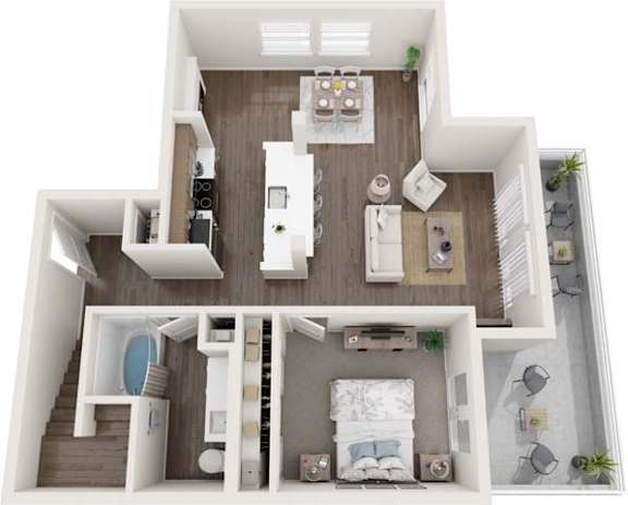 A top-down view of a small apartment with a kitchen, living room, and bedroom.