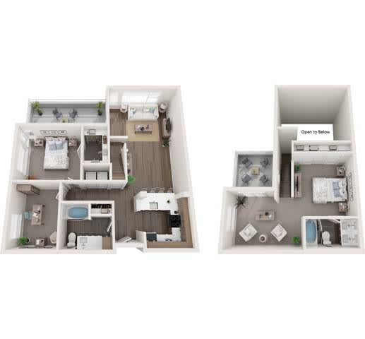 A diagram of a house layout with two bedrooms, a living room, a kitchen, and a bathroom.