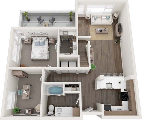 A 3D floor plan of a small apartment with two bedrooms, a living room, and a kitchen.