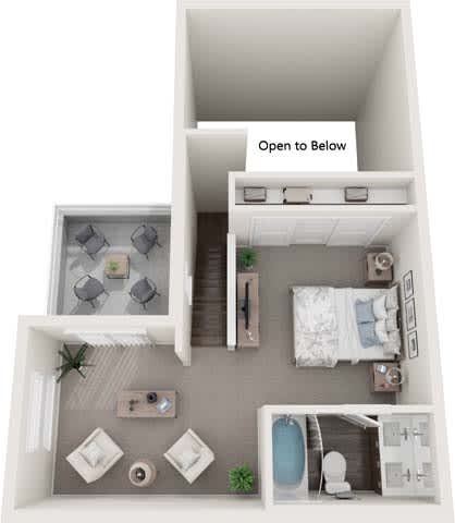 A diagram of a house layout with a bedroom, bathroom, and kitchen.