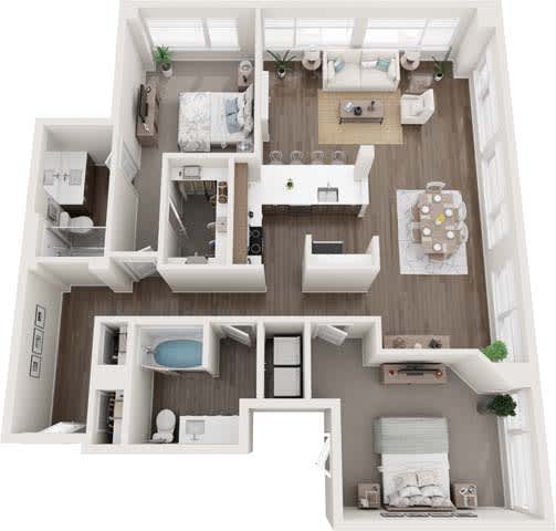 A top-down view of a small, well-organized apartment with a kitchen, living room, and bedrooms.