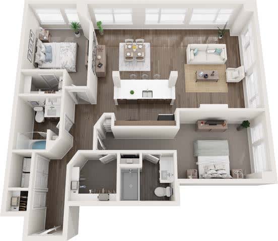 A top-down view of a small apartment with a kitchen, living room, and bathroom.