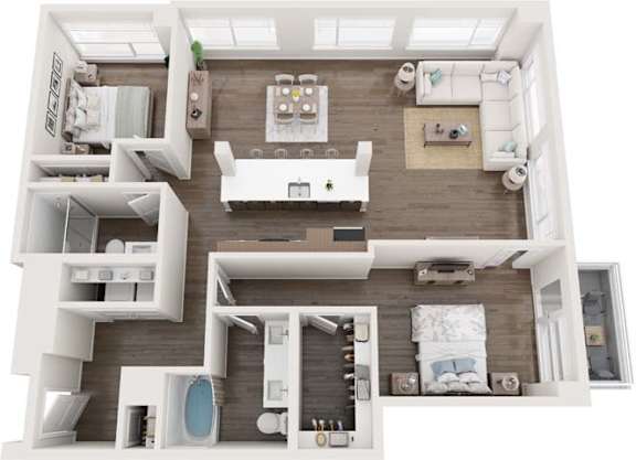 A 3D floor plan of a house with a kitchen, living room, and bathroom.