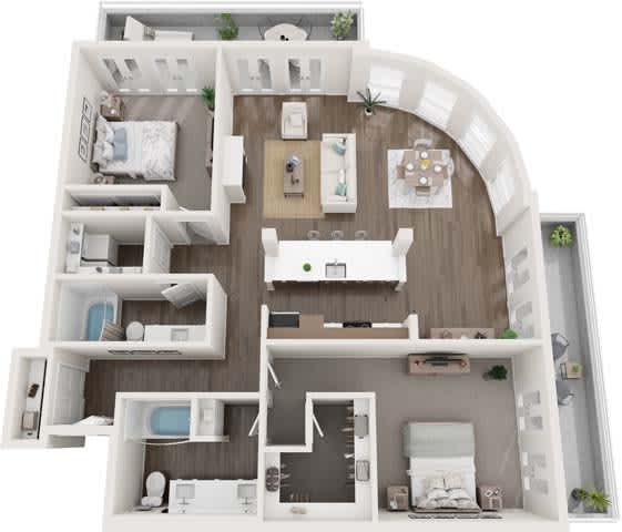 A 3D floor plan of a house with multiple rooms and furniture.