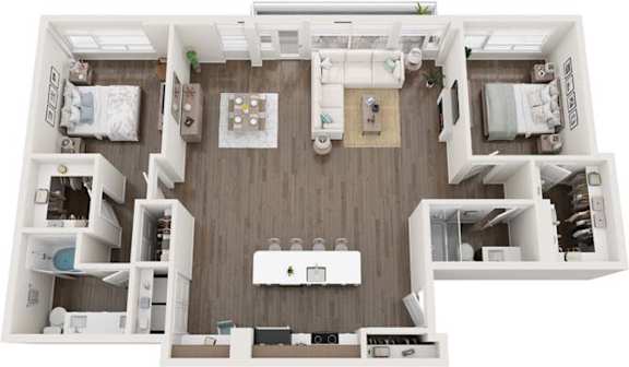 A top-down view of a small, well-organized apartment with a kitchen, living room, and bedroom.
