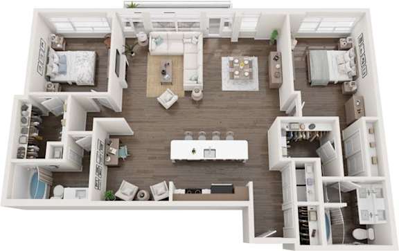 A top-down view of a well-organized apartment with a kitchen, living room, and bedrooms.